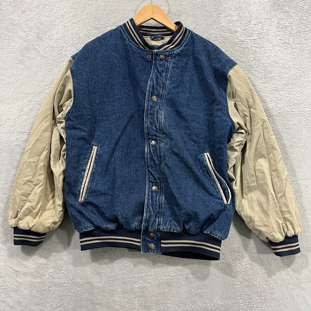Vintage North Bay Denim Varsity Jacket Men's Small Snap Button Bomber 90s Y2K